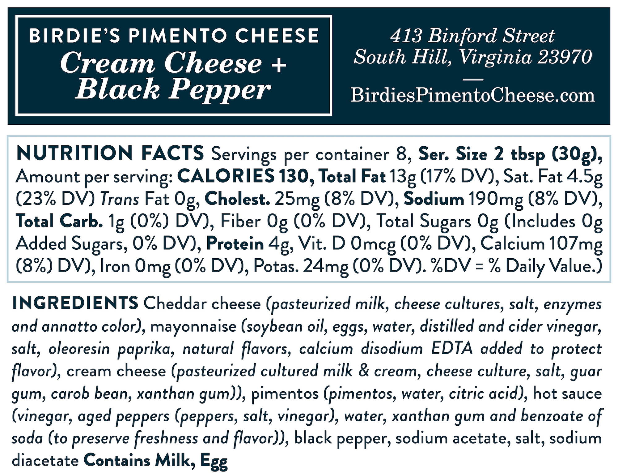 Nutrition Facts Birdie's Pimento Cheese